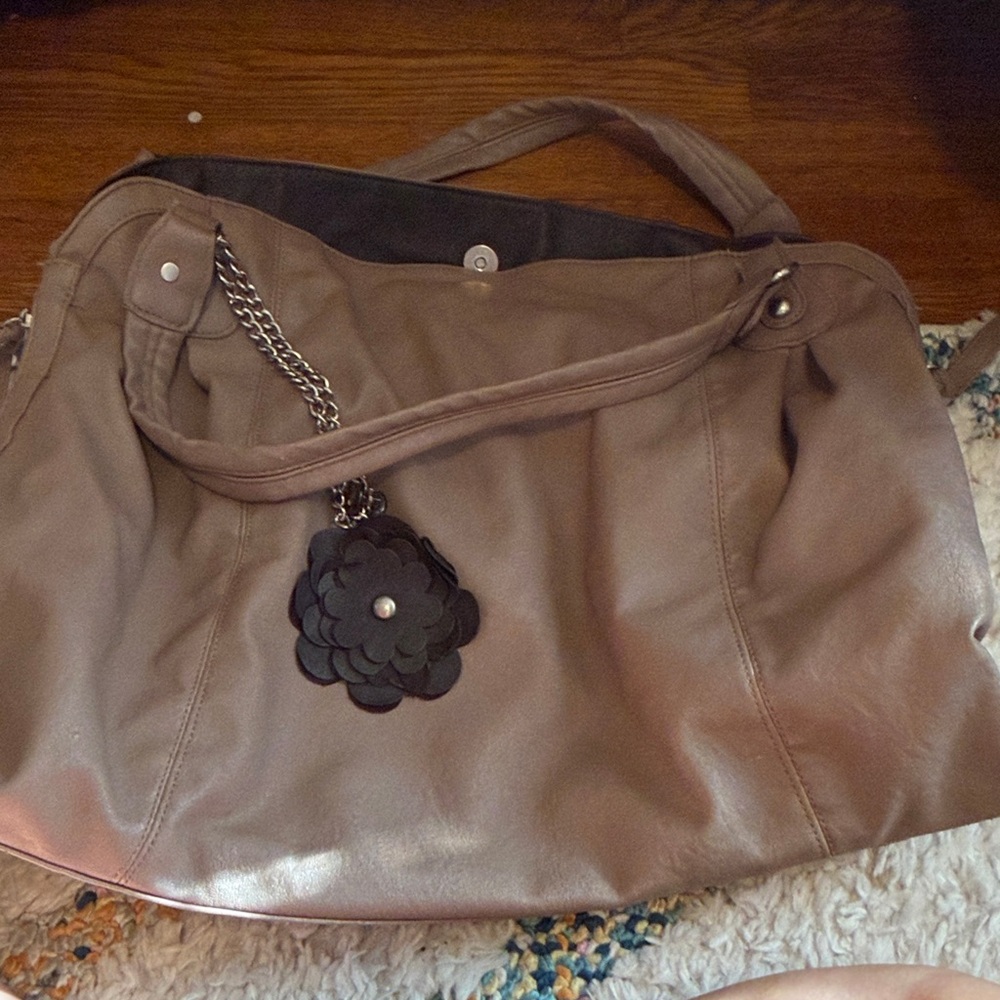 Women's Taupe Leather Tote with Floral Charm
